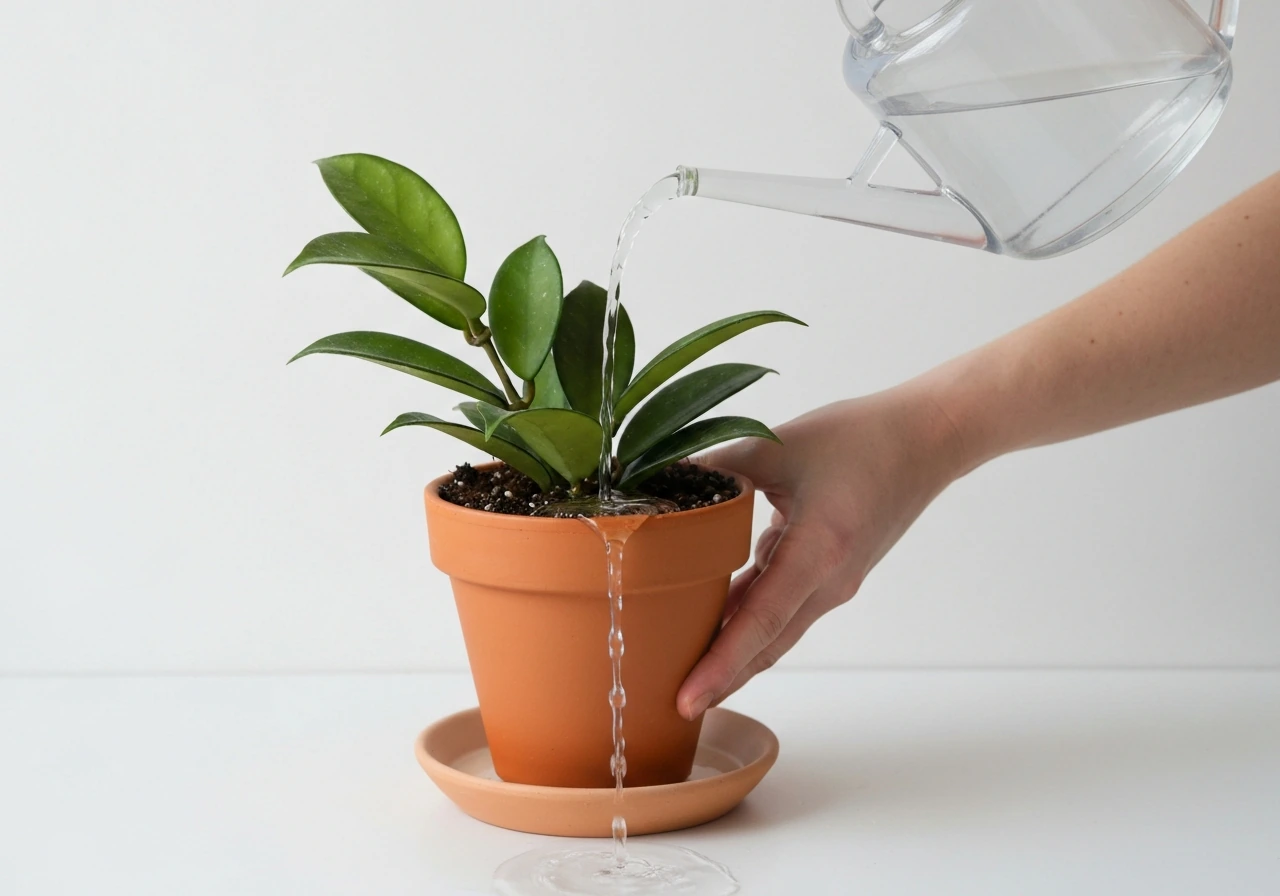 Close-up of a hoya pot being soaked, water running from drainage holes into a saucer, then draining.