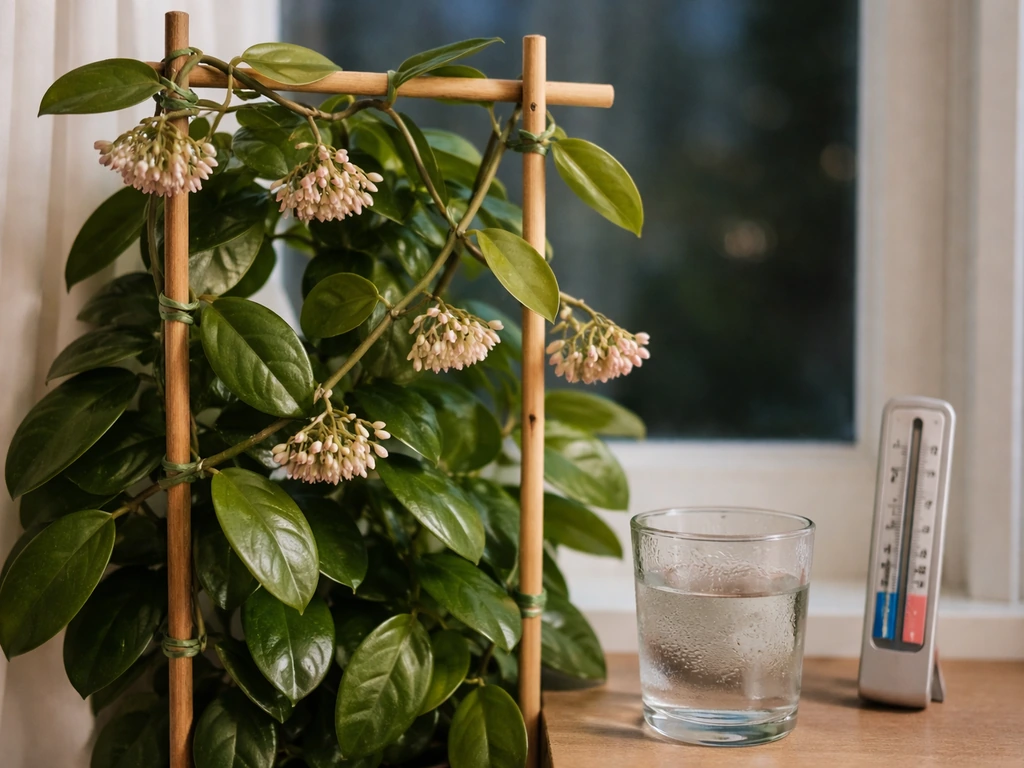 Mature hoya climbing a trellis with visible buds, beside a small cooler-night temperature cue.