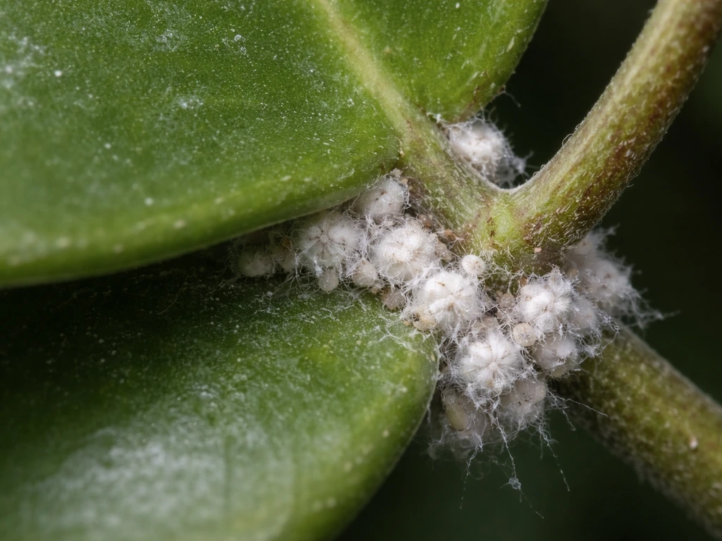 Close-up of cottony mealybug clusters on a hoya leaf joint and underside, showing fine detail