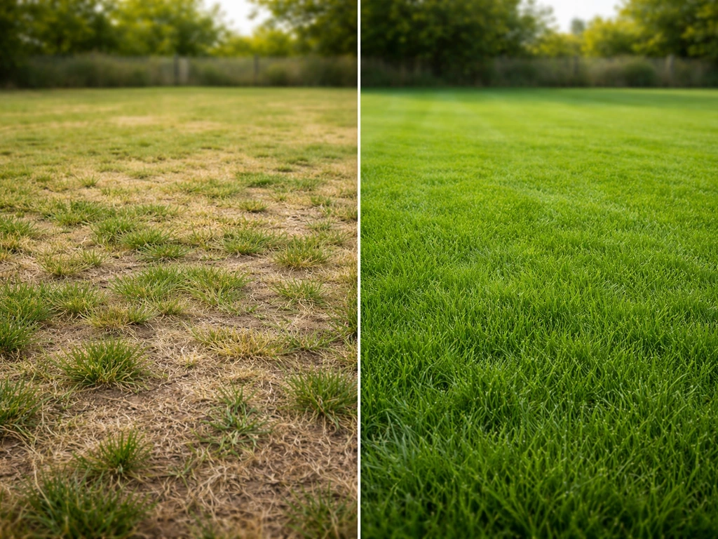 Montage avant/après : pelouse clairsemée à gauche, pelouse dense et verte à droite.