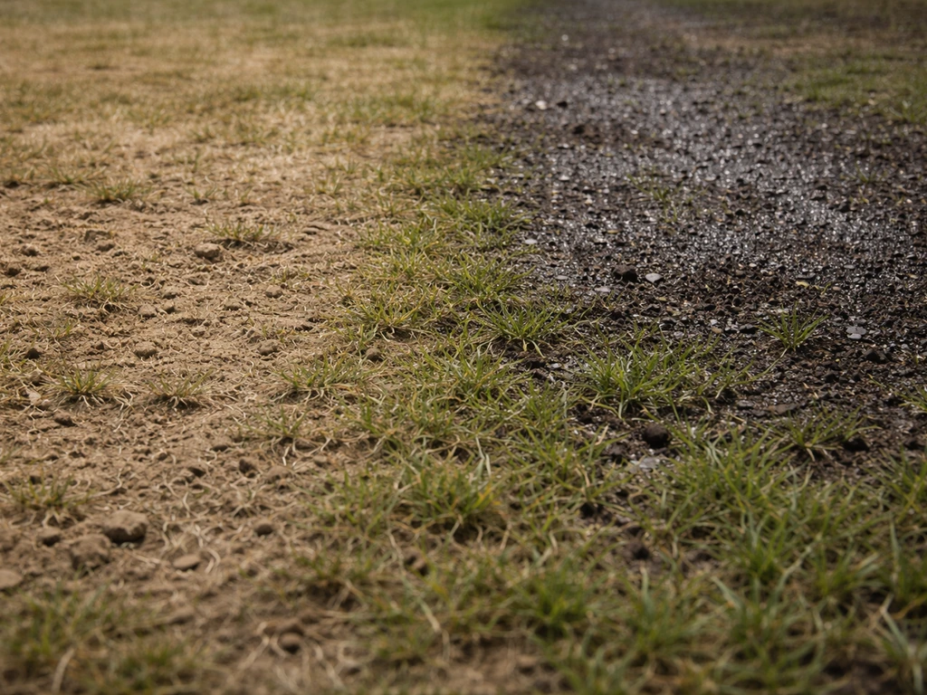 Deux zones de pelouse : sol compacté et surface sèche, puis zone humidifiée par un arrosage discret.