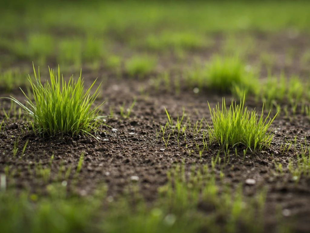 Pelouse en germination avec levée inégale : zones où certains brins paraissent plus “céréales” que le reste.