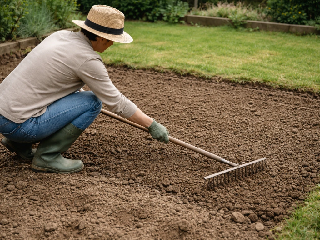 Une personne ratisse une terre fraîchement retournée dans un jardin, prête pour le semis de gazon.
