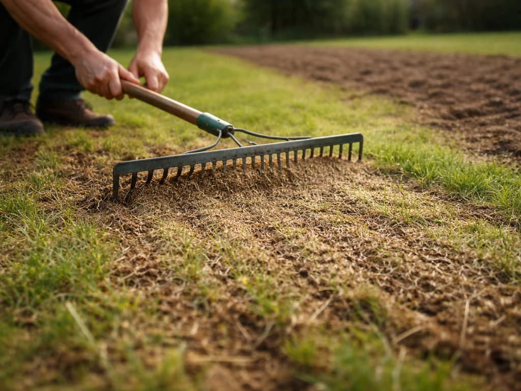 Pelouse scarifiée avec feutrage entaillé, râtelage et semis sur une zone de regarnissage.