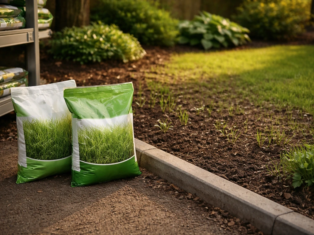 Sacs de semences de gazon sur une étagère, à côté d’un petit plan de jardin mi-ombre et bordures.