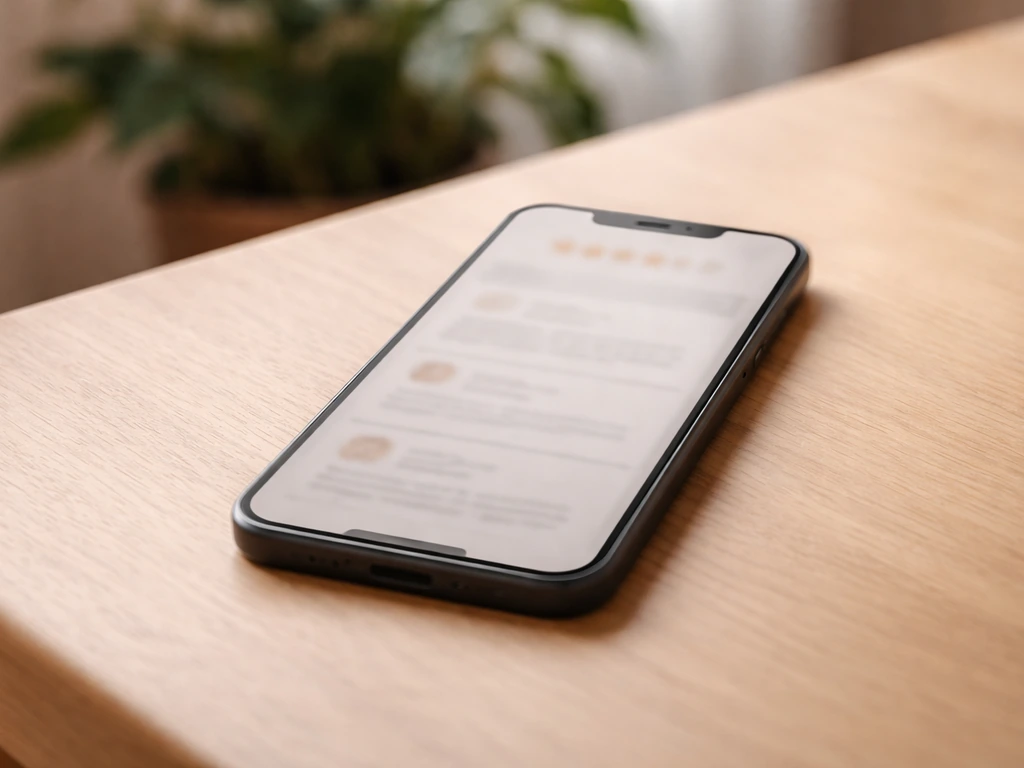 Téléphone montrant des avis clients flous sur une application de jardinage, ambiance intérieure calme.