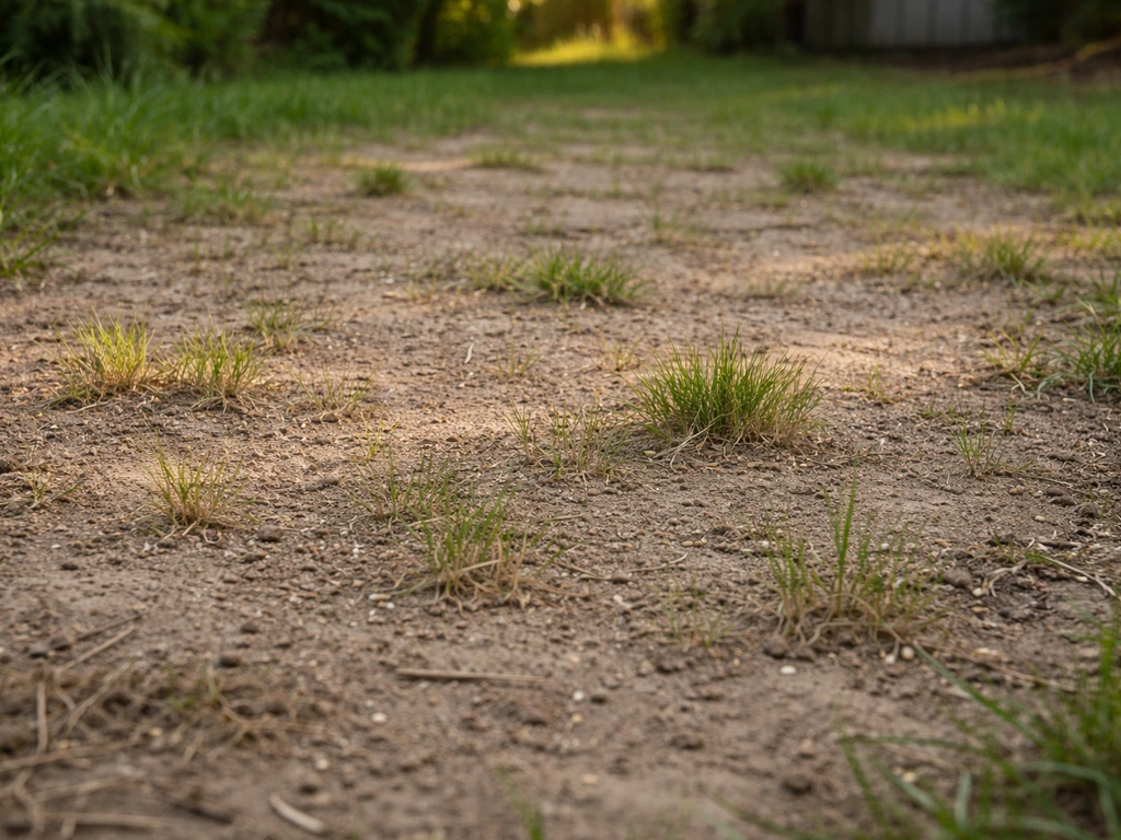 Zone de pelouse clairsemée avec semis raté et rares brins d’herbe, sur sol partiellement nu.