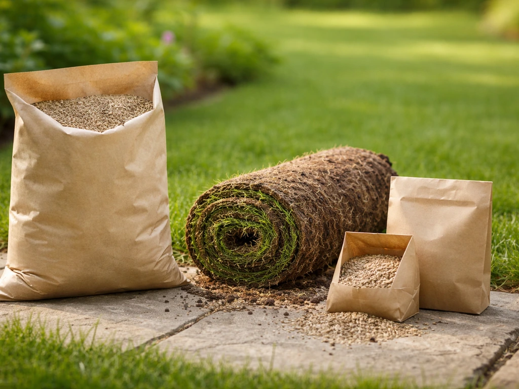 Trois options de gazon côte à côte : sac de semences, rouleau de gazon et mélange de graines en sachet.