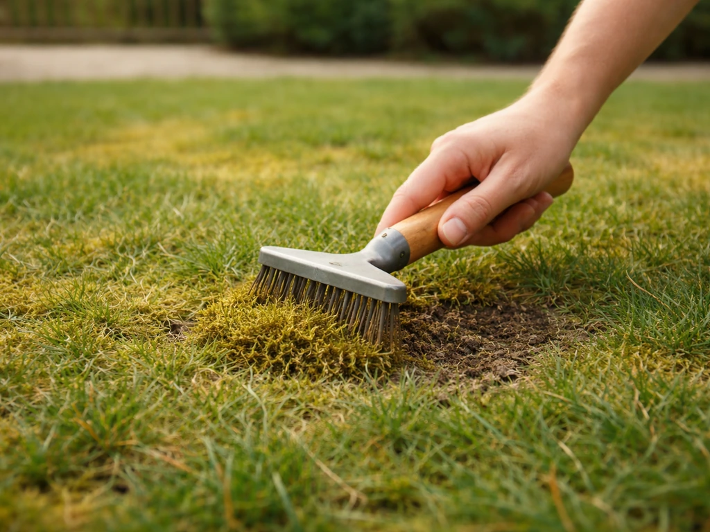 Pelouse de jardin avec zones jaunies et mousse, montrant l’aération et le ratissage avec une petite brosse