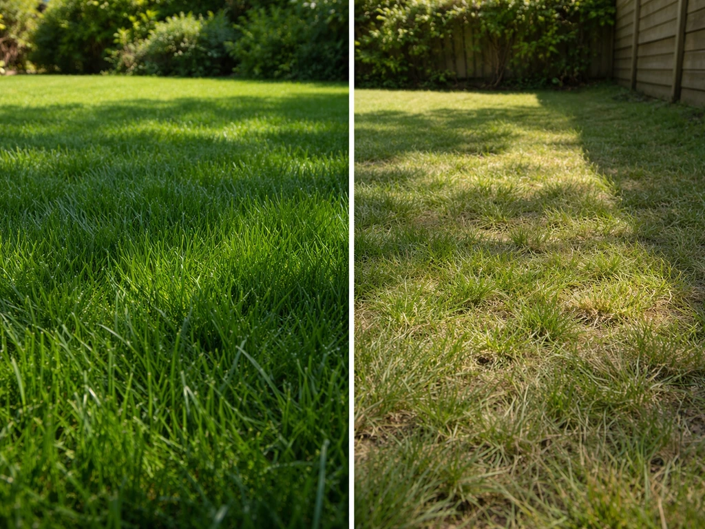 Jardin avec ray-grass vert dense au soleil et herbe plus claire/clairsemée en zone trop ombragée