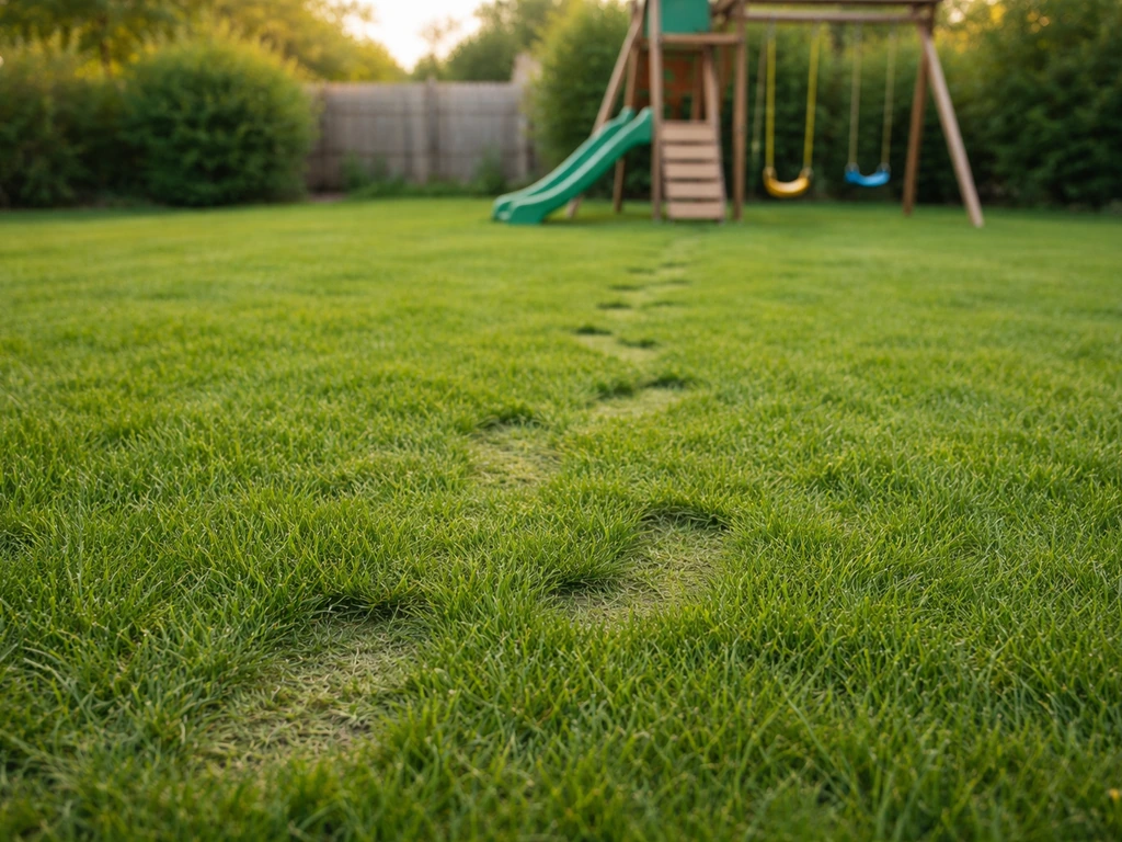 Pelouse de ray-grass dense avec légères empreintes de pas, comme après un piétinement sur une aire de jeux.