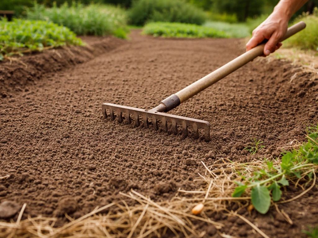 Terre émiettée et nivelée dans un potager, main anonyme utilisant un râteau avant de semer.