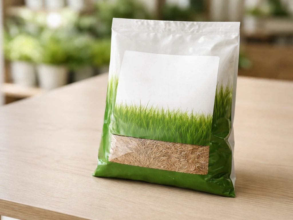 Gros plan d’un sachet de semences de gazon “Perfect Grass Canada Green” avec composition lisible.