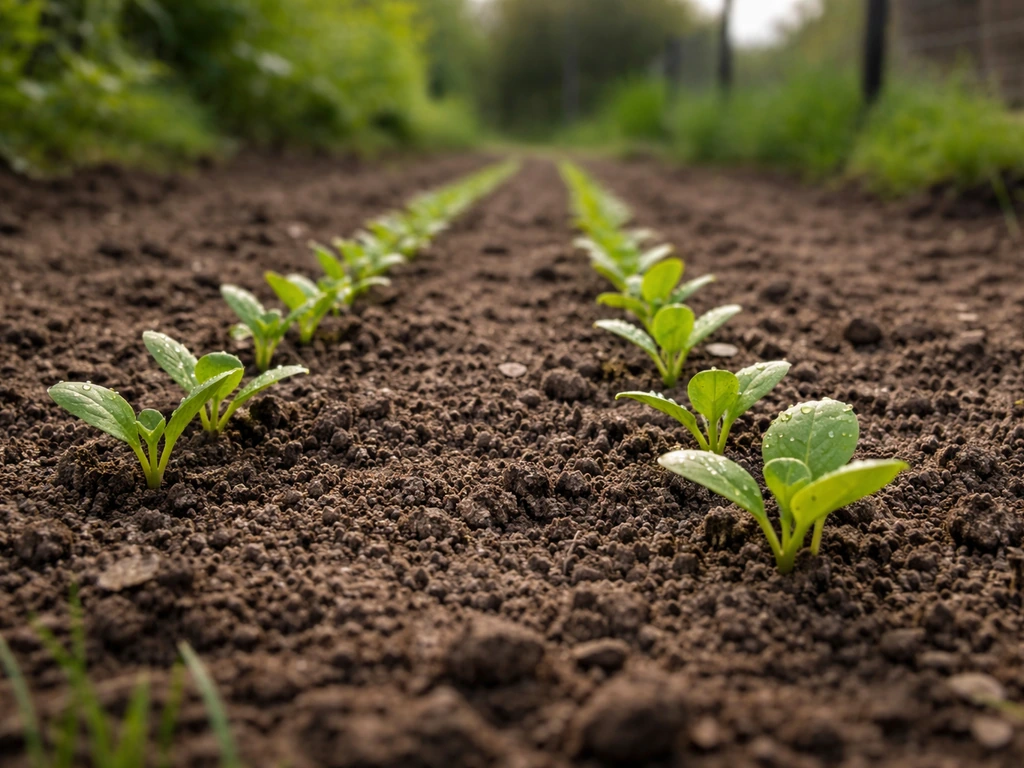Jeunes pousses de semis en rangs, sol finement préparé et humidité visible après germination