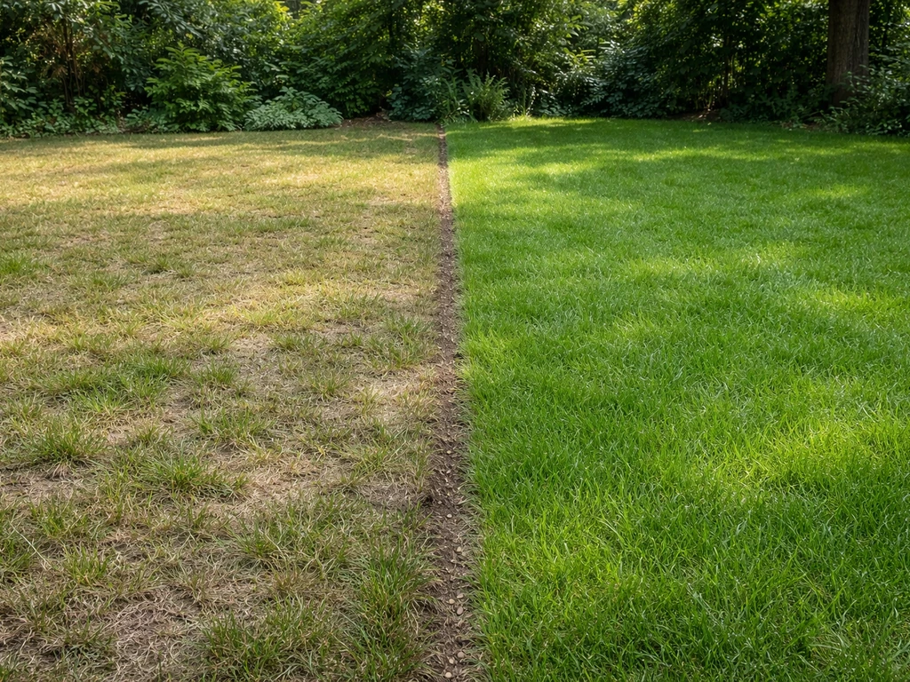 Deux zones de pelouse côte à côte : plus dense à l’ombre, plus clairsemée au soleil, ambiance jardin minimal.