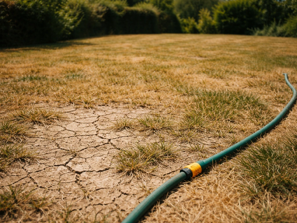 Pelouse jaunie et craquelée après une canicule, arrosage insuffisant, flétrissement visible près d’un tuyau.