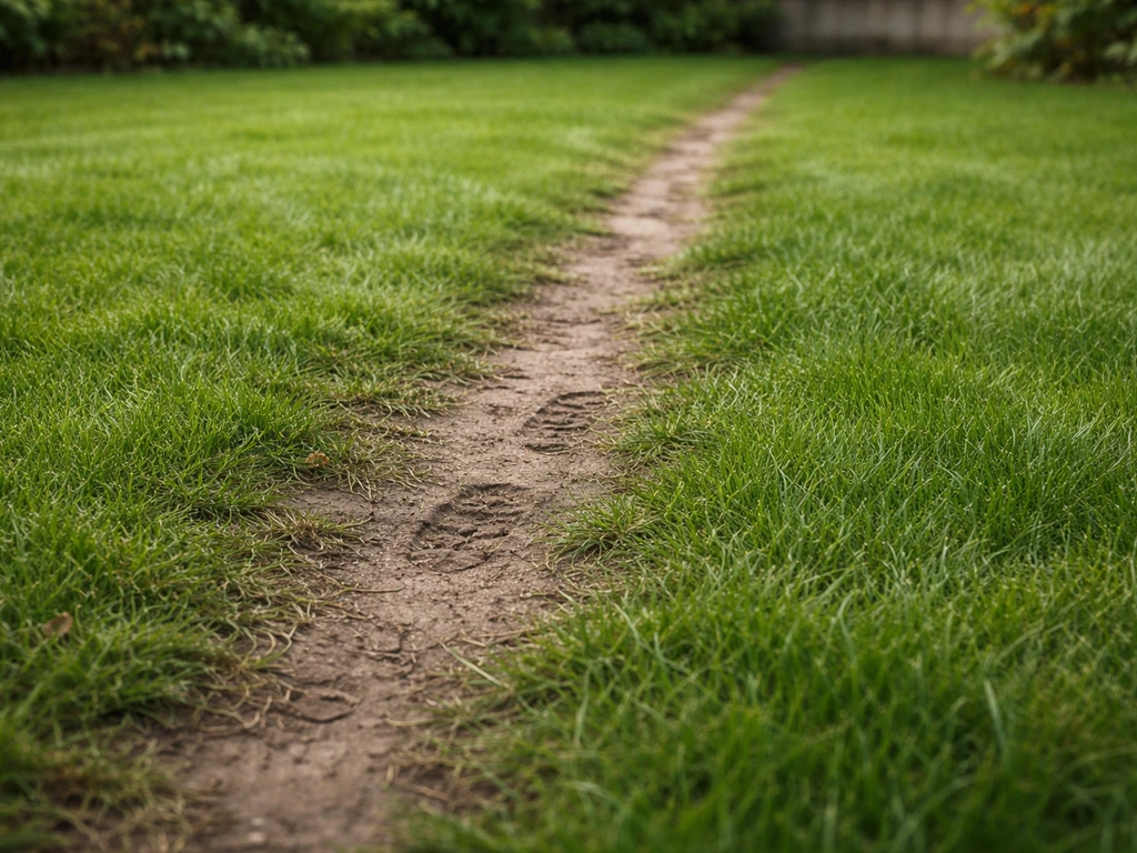 Pelouse anglaise piétinée : traces de pas et zones compactées moins denses près d’un passage fréquent.