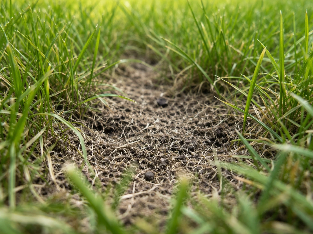 Gazon avec feutrage dense entre les brins et sol de surface visible, texture spongieuse révélant un besoin d’aération.