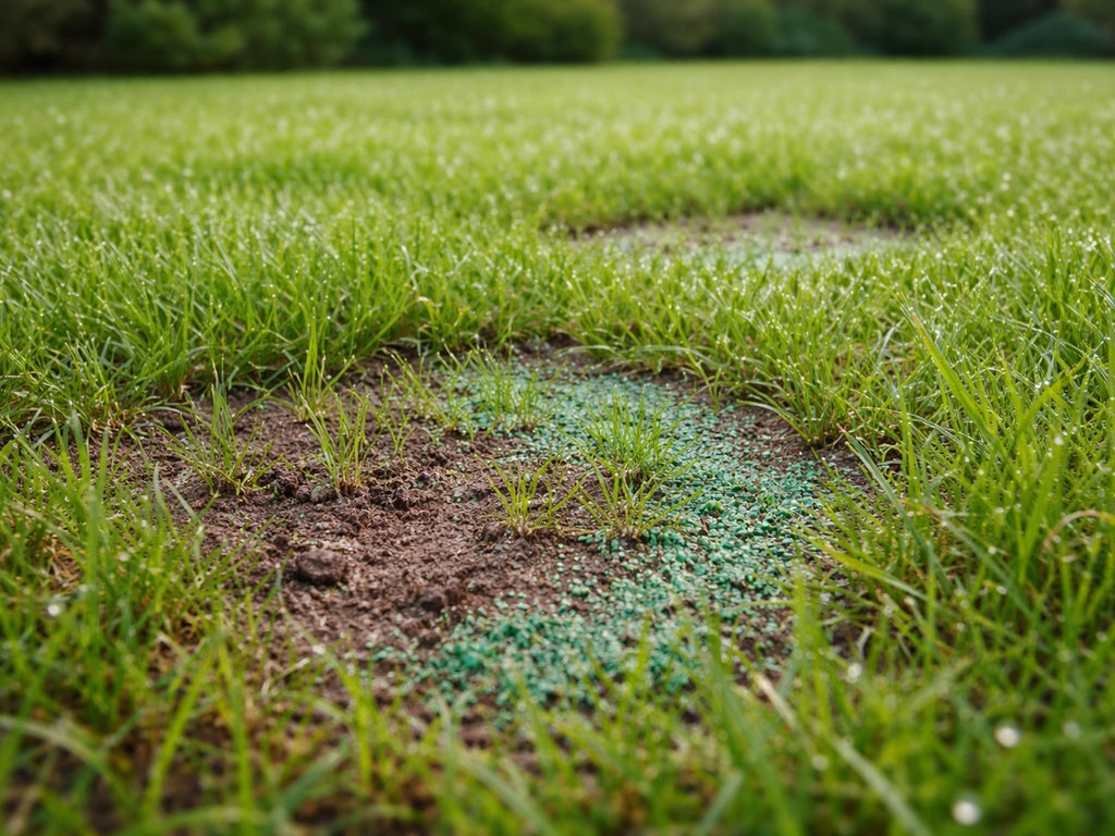 Petites plaques de pelouse dégarnies regarnies, sol visible et jeunes brins verts après l’application.