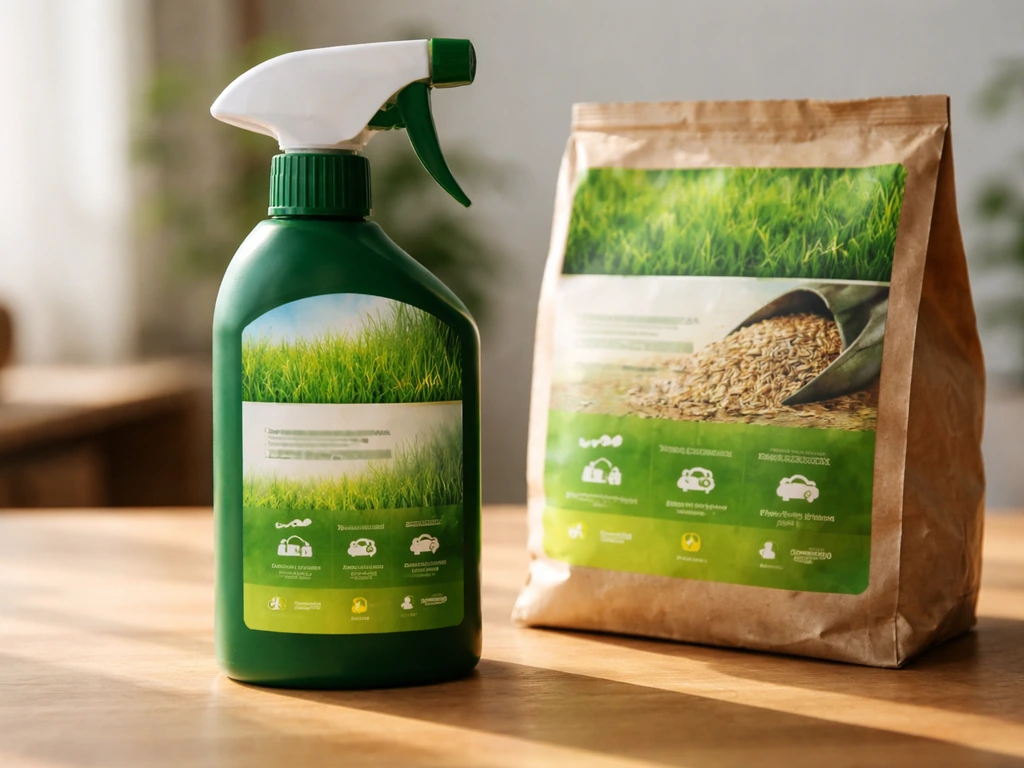 Gros plan d’une bouteille et d’un sac de produit de gazon liquide avec étiquette floue à lire.