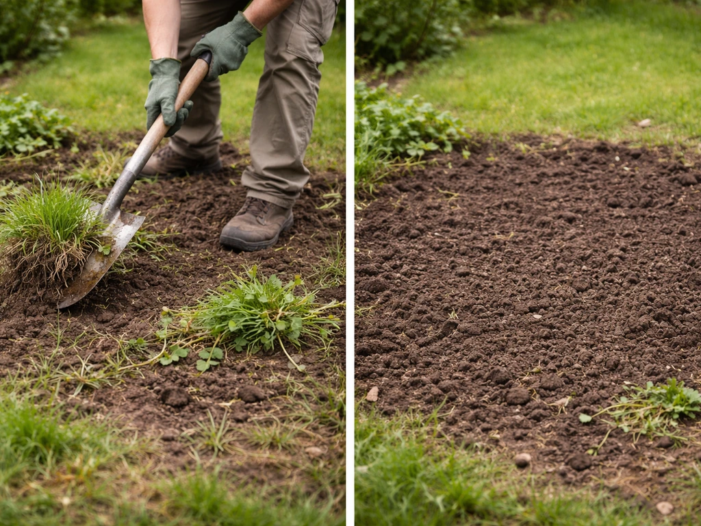 Jardinier décape les mauvaises herbes puis ameublit le sol à la bêche, terre prête à semer