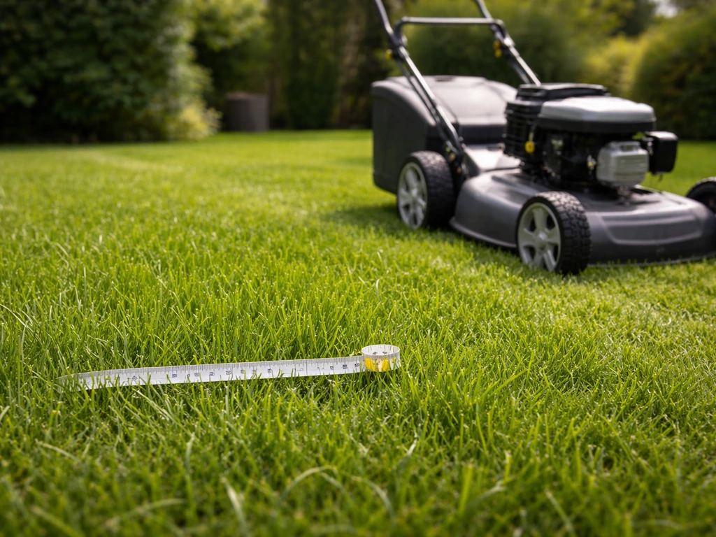 Tondeuse près d’un gazon dense, repère au sol pour montrer une coupe progressive des brins.