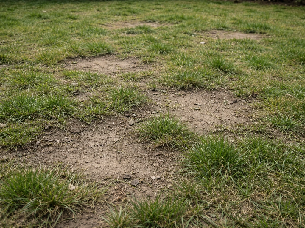 Gros plan sur une pelouse clairsemée et irrégulière avec zones dénudées après l’hiver