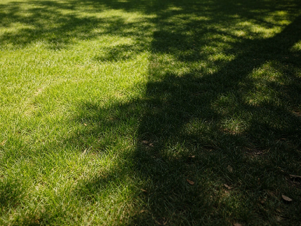 Pelouse divisée en mi-ombre et ombre dense sous un arbre, vue de jardin avec lumière naturelle.