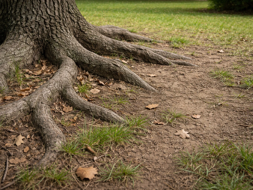 Racines superficielles d’un arbre proches d’une zone de sol à nu abîmée, ambiance de jardin