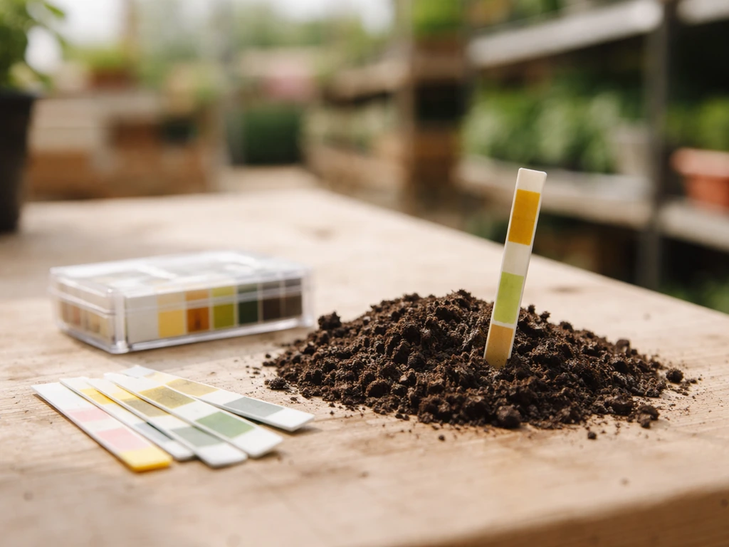 Gros plan sur un test de pH du sol avec bandelettes sur terre humide, ambiance jardinerie.