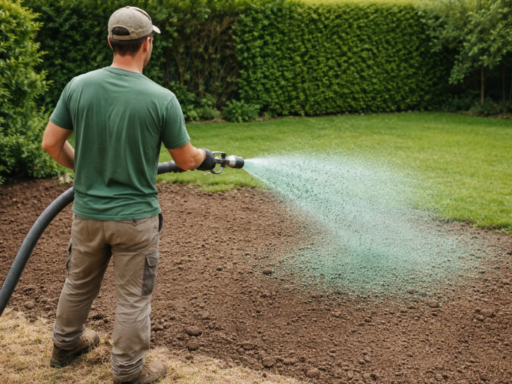 Un jardinier projette une slurry de gazon (hydroseeding) sur une surface préparée, avec une pelouse naissante.