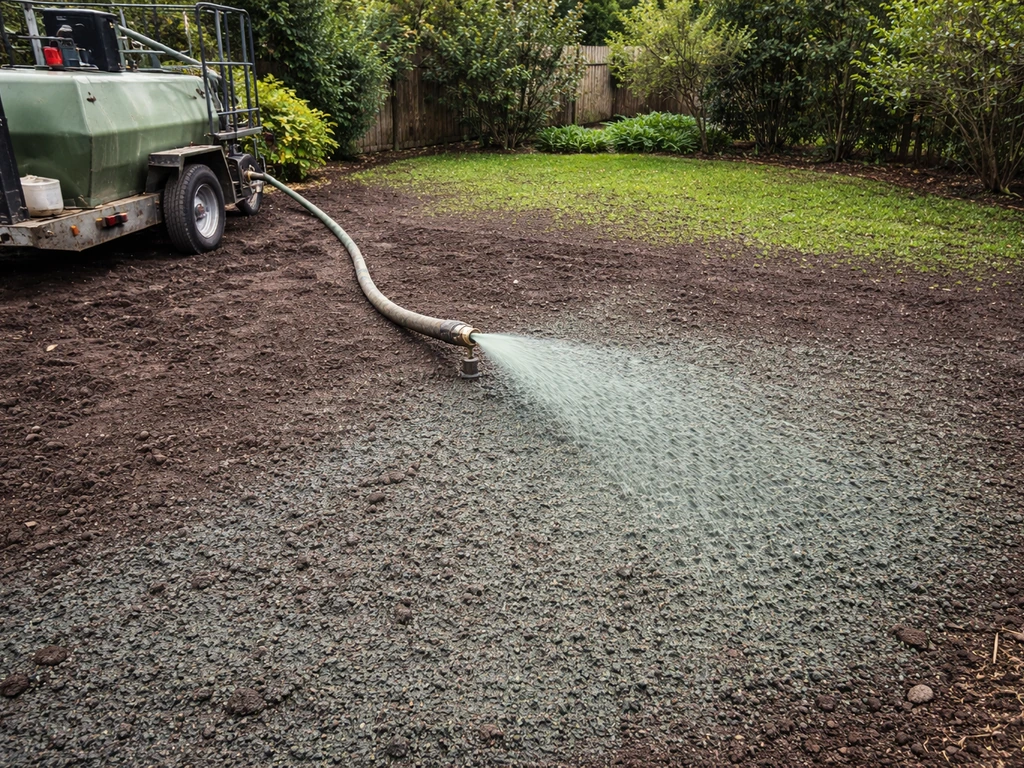 Chantier de gazon en hydroseeding : tuyau projette une slurry sur sol préparé, recouvrement et germination.