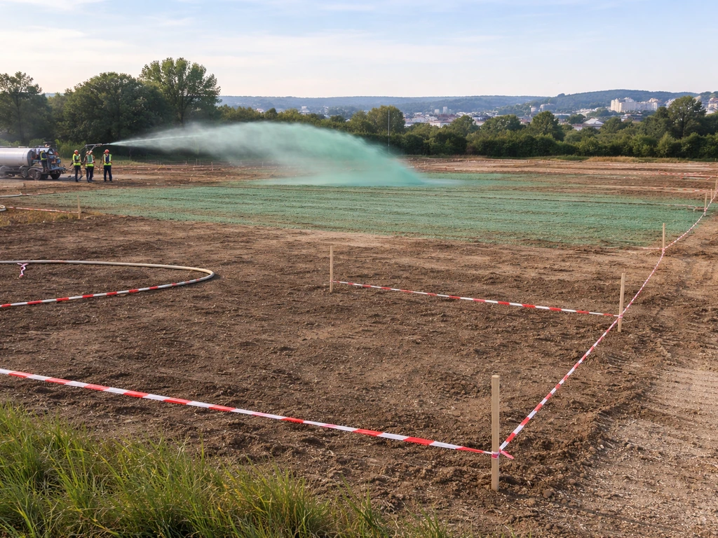 Chantier d’hydroseeding sur un grand terrain, rubans de démarcation au sol et jet de pulvérisation.