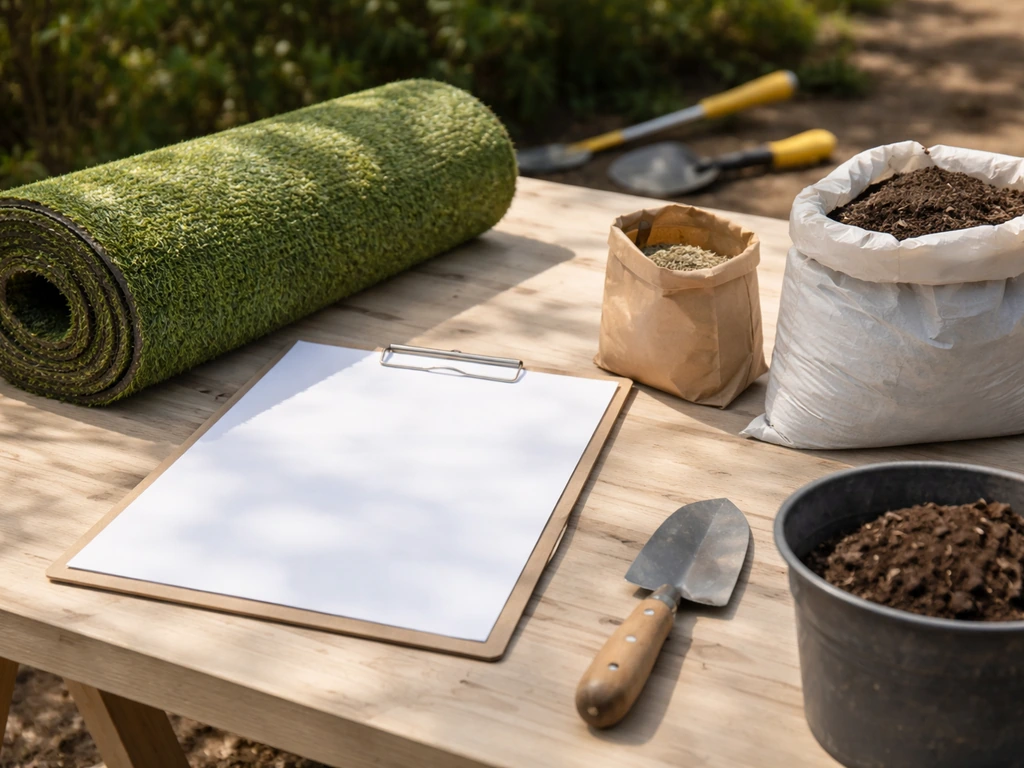 Table de chantier avec sacs de semences et substrat, panneau devis abstrait sans texte, outils de préparation du sol.