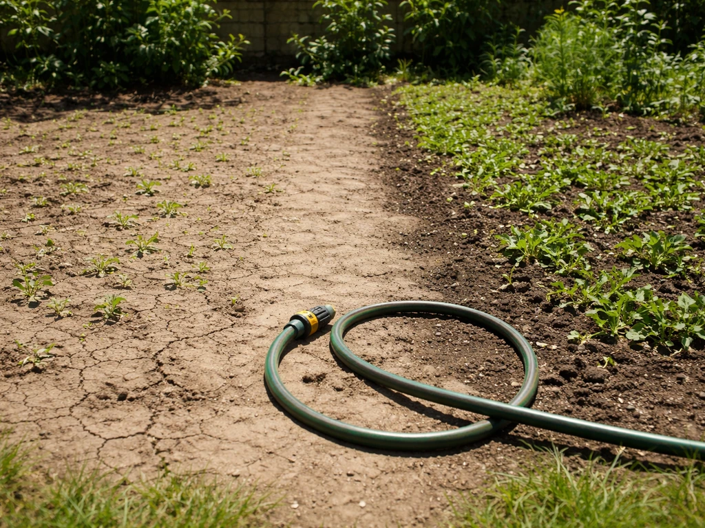 Jardin en été : sol fissuré près d’un tuyau d’arrosage absent, contraste avec une zone humide où les semences ont mieux