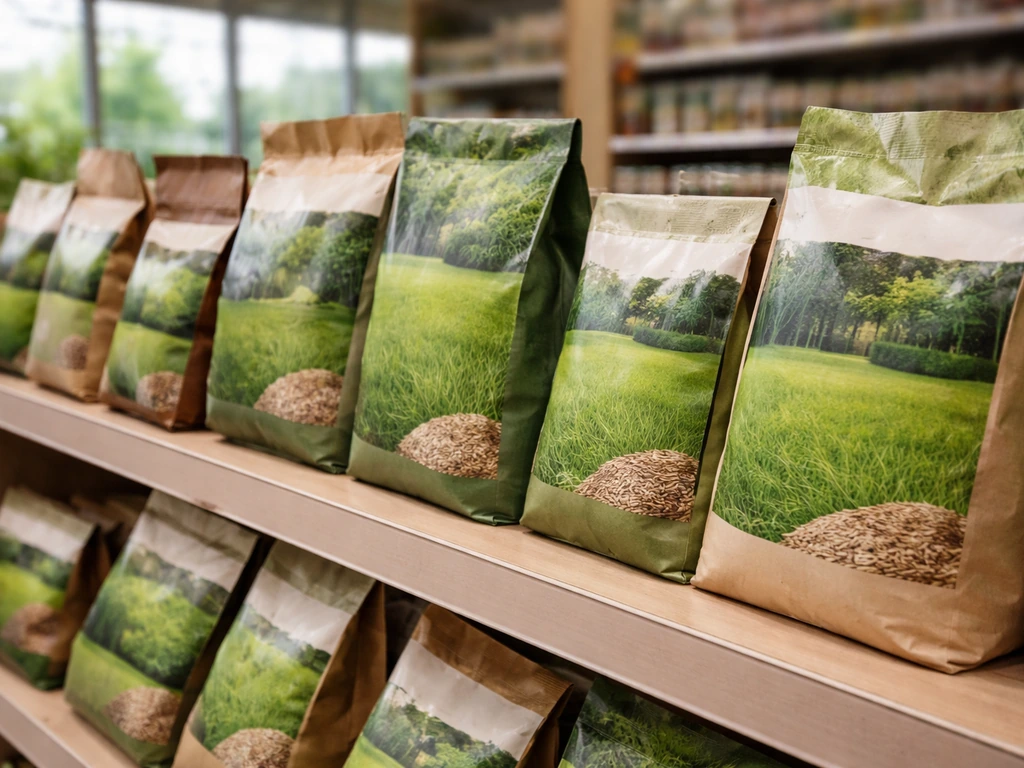 Plusieurs sacs de semences et mélanges de gazon en rayon, montrant la diversité des usages