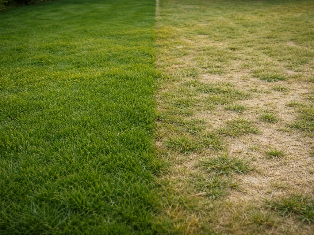 Pelouse bien verte à gauche et zones clairsemées à droite, pour illustrer avis récurrents sur points forts et points fai