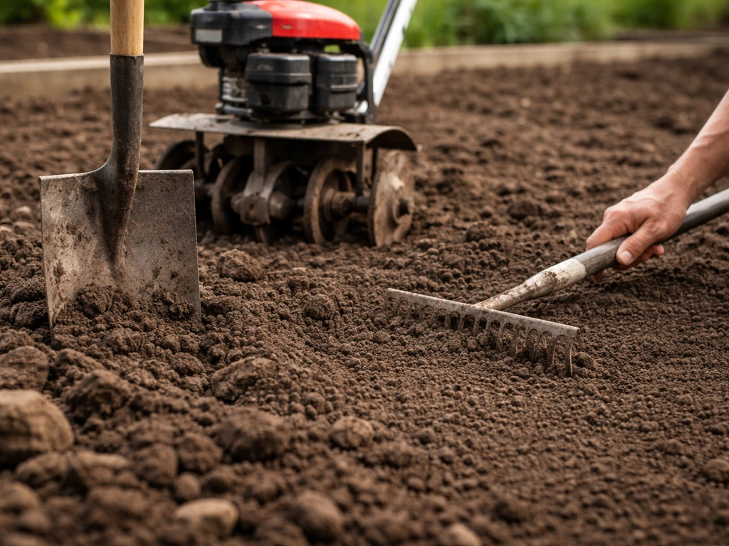 Gros plan sur la bêche et le ratissage d’une terre fraîchement retournée dans un potager.