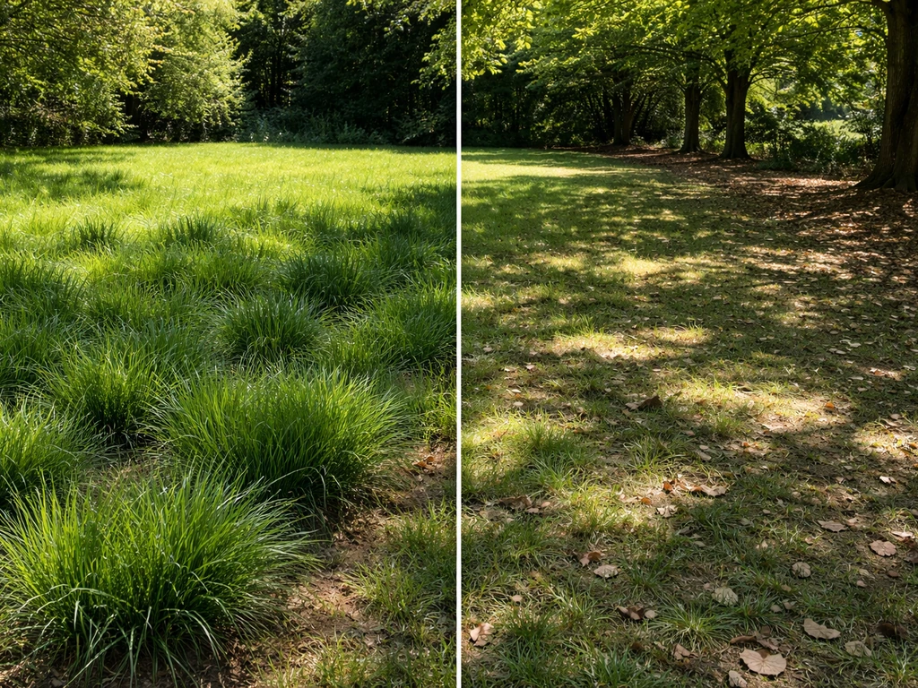 Pelouse en plein soleil avec fétuques vertes, puis zone ombragée sous arbres avec herbe plus clairsemée.