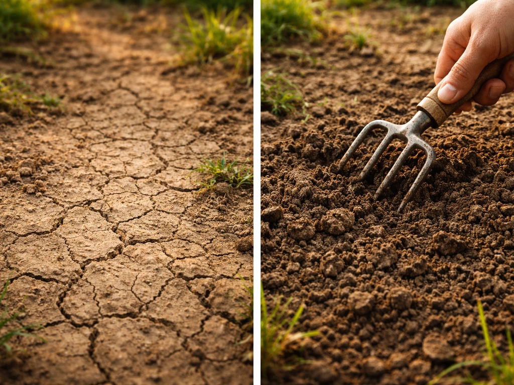 Gros plan sur sol argileux fissuré et zone récemment aérée, avec transition sécheresse vers sol plus humide.