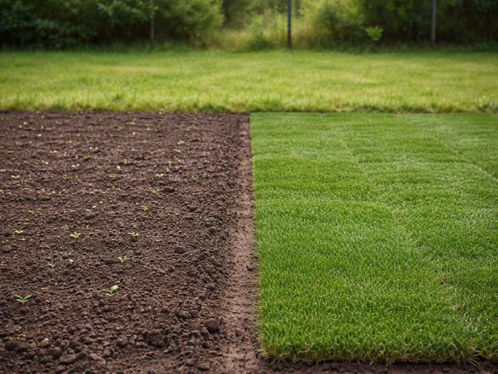 Comparaison visuelle : semis recouverts de terre d’un côté et rouleaux de gazon posés de l’autre, jardin minimal.