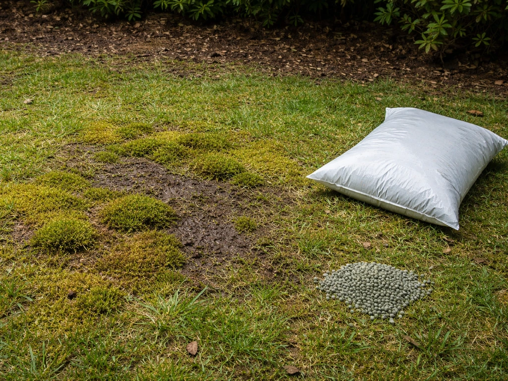 Pelouse avec mousse à une zone tassée et humide, sac de sulfate de fer près du gazon, sans texte.