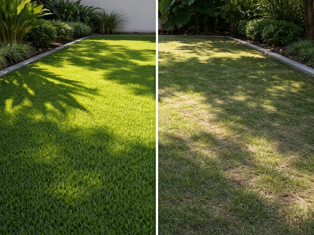 Jardin : Cynodon dense au soleil, plus clairsemé à l’ombre, visible grâce aux ombres nettes.