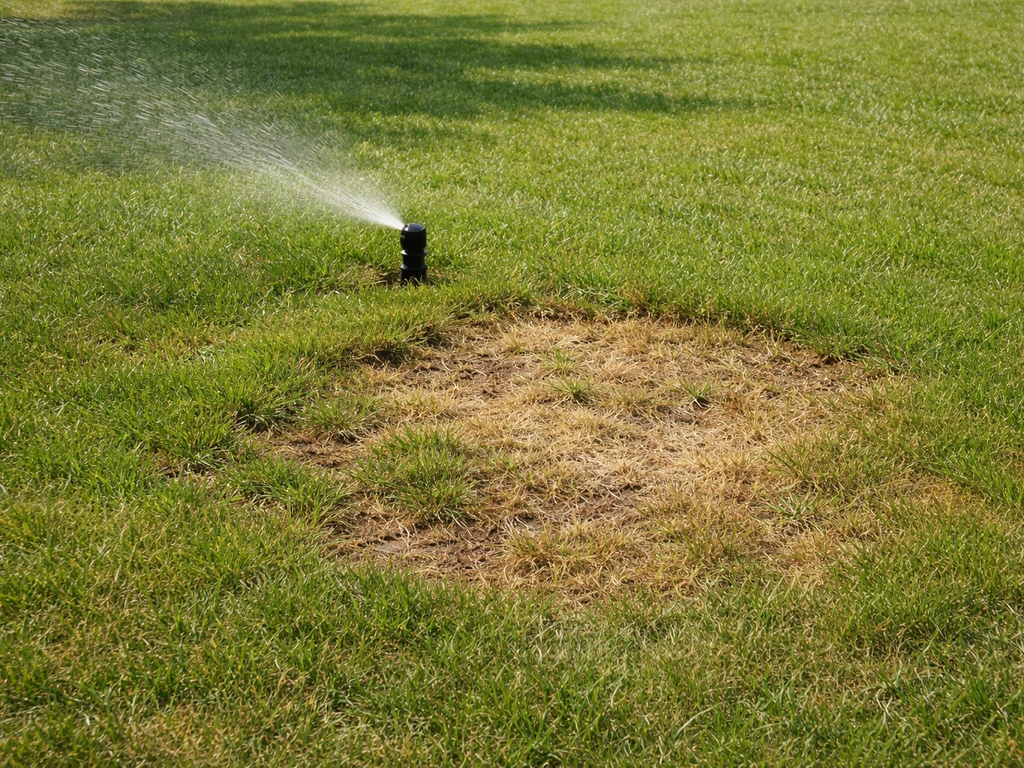Pelouse d’été avec plaques brunes/jaunes et arroseur mal réglé laissant certaines zones sèches.