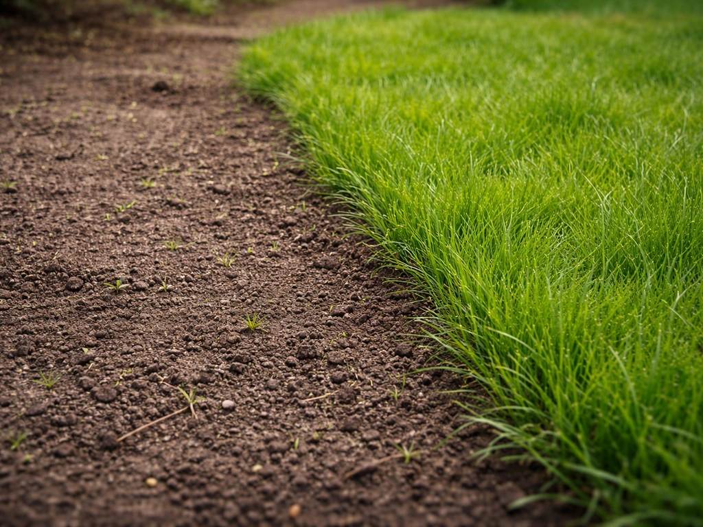 Pelouse partiellement regarnie : jeunes brins verts en reprise sur sol encore nu, contraste naturel.