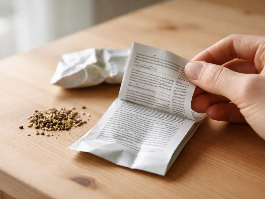 Gros plan sur une étiquette de sachet de semences et des graines sur une table en bois, sans marque visible.