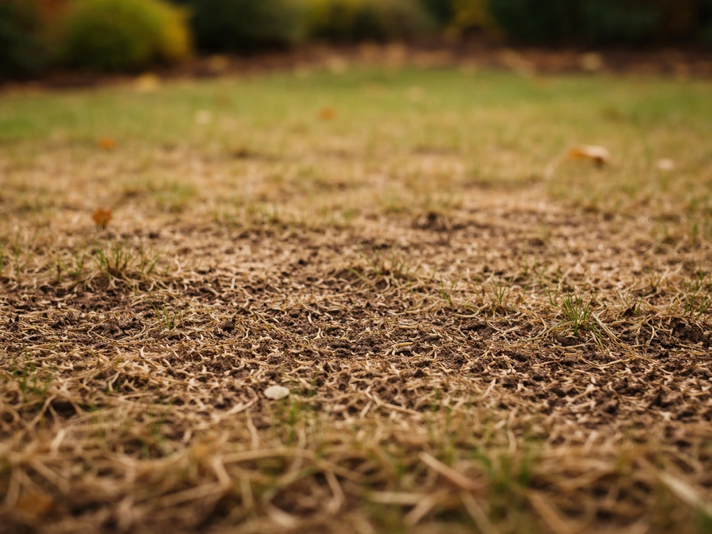 Semences de pelouse projetées sur une pelouse claire avec paillage léger, en fin d’automne, lumière naturelle.