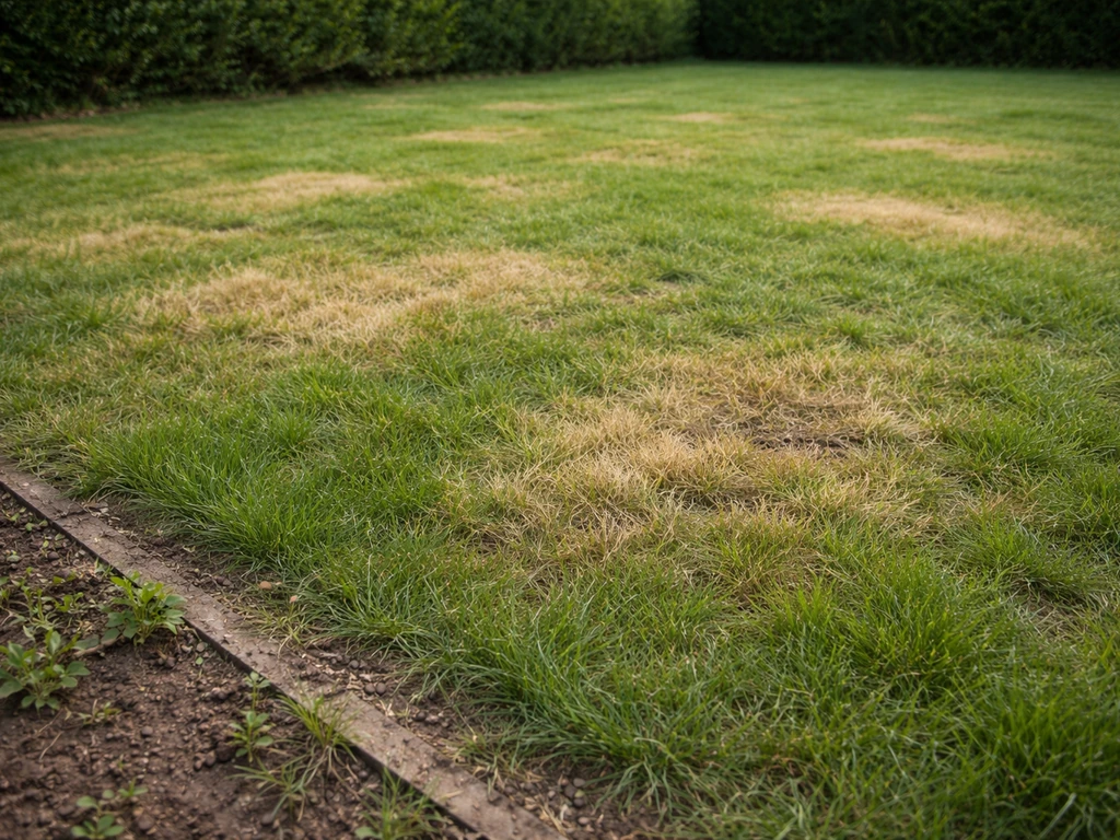 Jardin avec pelouse présentant des plaques jaunies après une pulvérisation récente, avant réparation et regarnissage.