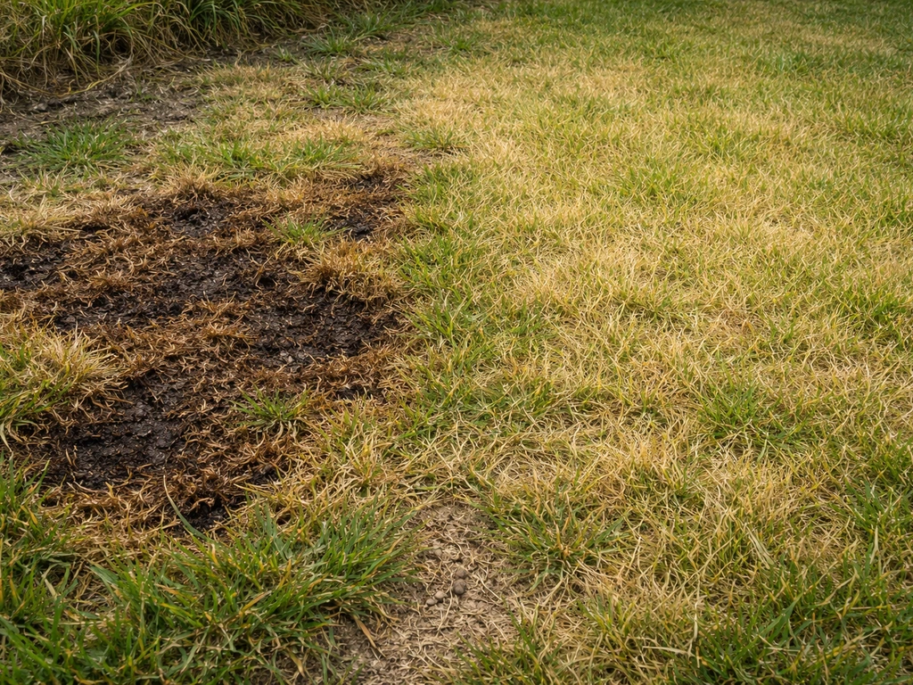 Gazon au jardin avec deux zones visibles : brûlure nette brun foncé à gauche, jaunissement diffus à droite.
