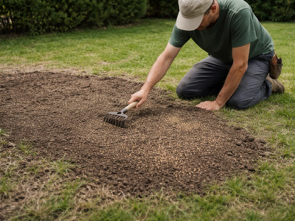 Jardinier au travail sur une zone de pelouse décapée, terre ouverte et graines de gazon pour ressemis.